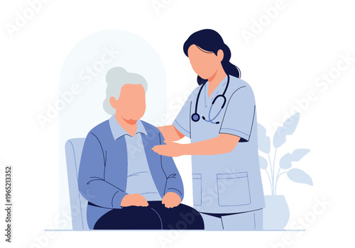 Modern flat vector illustration of caregiver supporting elderly patient with stress management, healthcare assistance and emotional support concept