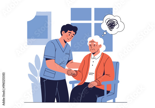 Modern flat vector illustration of caregiver supporting elderly patient with stress management, healthcare assistance and emotional support concept