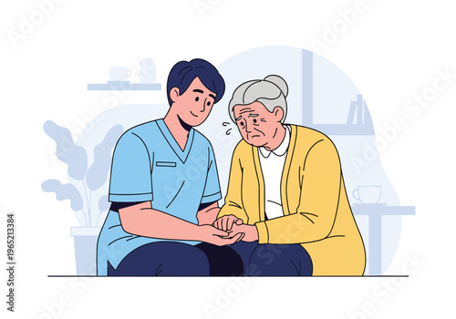 Modern flat vector illustration of caregiver supporting elderly patient with stress management, healthcare assistance and emotional support concept