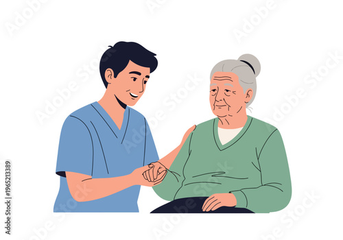 Modern flat vector illustration of caregiver supporting elderly patient with stress management, healthcare assistance and emotional support concept
