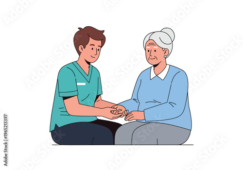 Modern flat vector illustration of caregiver supporting elderly patient with stress management, healthcare assistance and emotional support concept