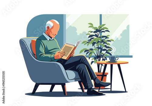 Modern flat vector illustration of elderly man reading book, cognitive health and mental stimulation concept for seniors