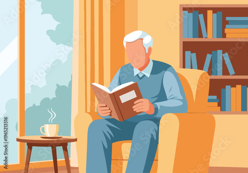 Modern flat vector illustration of elderly man reading book, cognitive health and mental stimulation concept for seniors