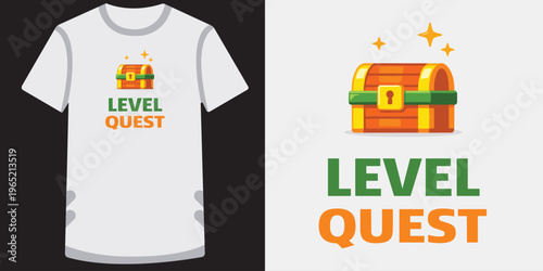 Level quest game t-shirt design concept for apparel and merchandise with treasure chest.