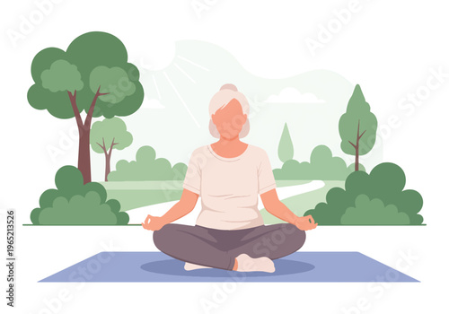 Modern flat vector illustration of elderly woman practicing yoga and breathing exercise, stress relief and mental wellness concept
