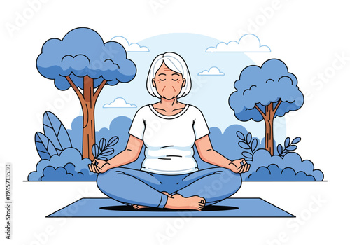 Modern flat vector illustration of elderly woman practicing yoga and breathing exercise, stress relief and mental wellness concept