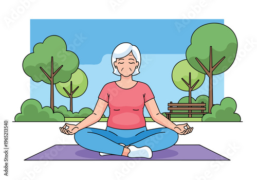 Modern flat vector illustration of elderly woman practicing yoga and breathing exercise, stress relief and mental wellness concept