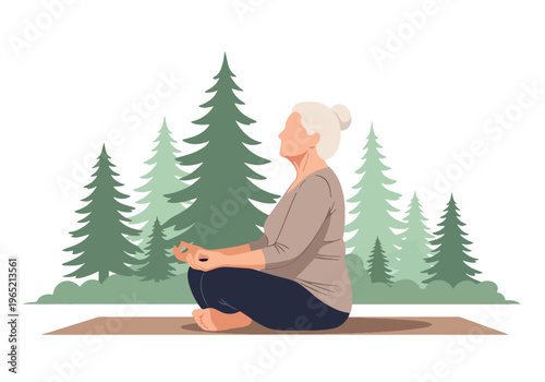 Modern flat vector illustration of elderly woman practicing yoga and breathing exercise, stress relief and mental wellness concept