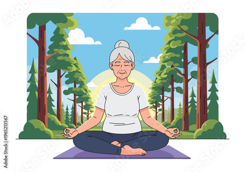 Modern flat vector illustration of elderly woman practicing yoga and breathing exercise, stress relief and mental wellness concept