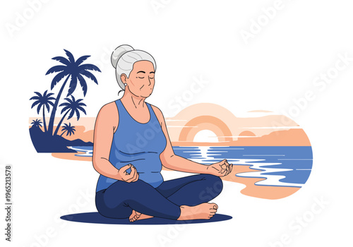 Modern flat vector illustration of elderly woman practicing yoga and breathing exercise, stress relief and mental wellness concept