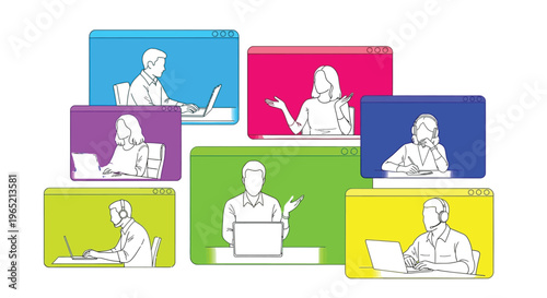 This vibrant and dynamic illustration depicts a diverse group of modern professionals actively engaging in a virtual online meeting or collaborative remote work session, seamlessly communicating and c