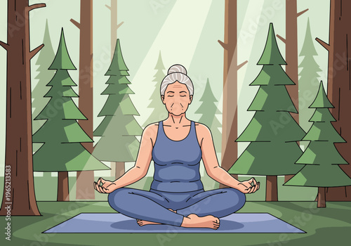 Modern flat vector illustration of elderly woman practicing yoga and breathing exercise, stress relief and mental wellness concept