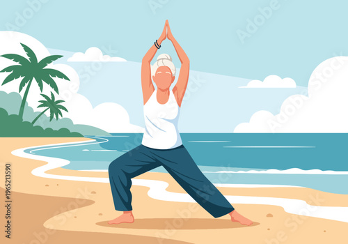 Modern flat vector illustration of elderly woman practicing yoga and breathing exercise, stress relief and mental wellness concept
