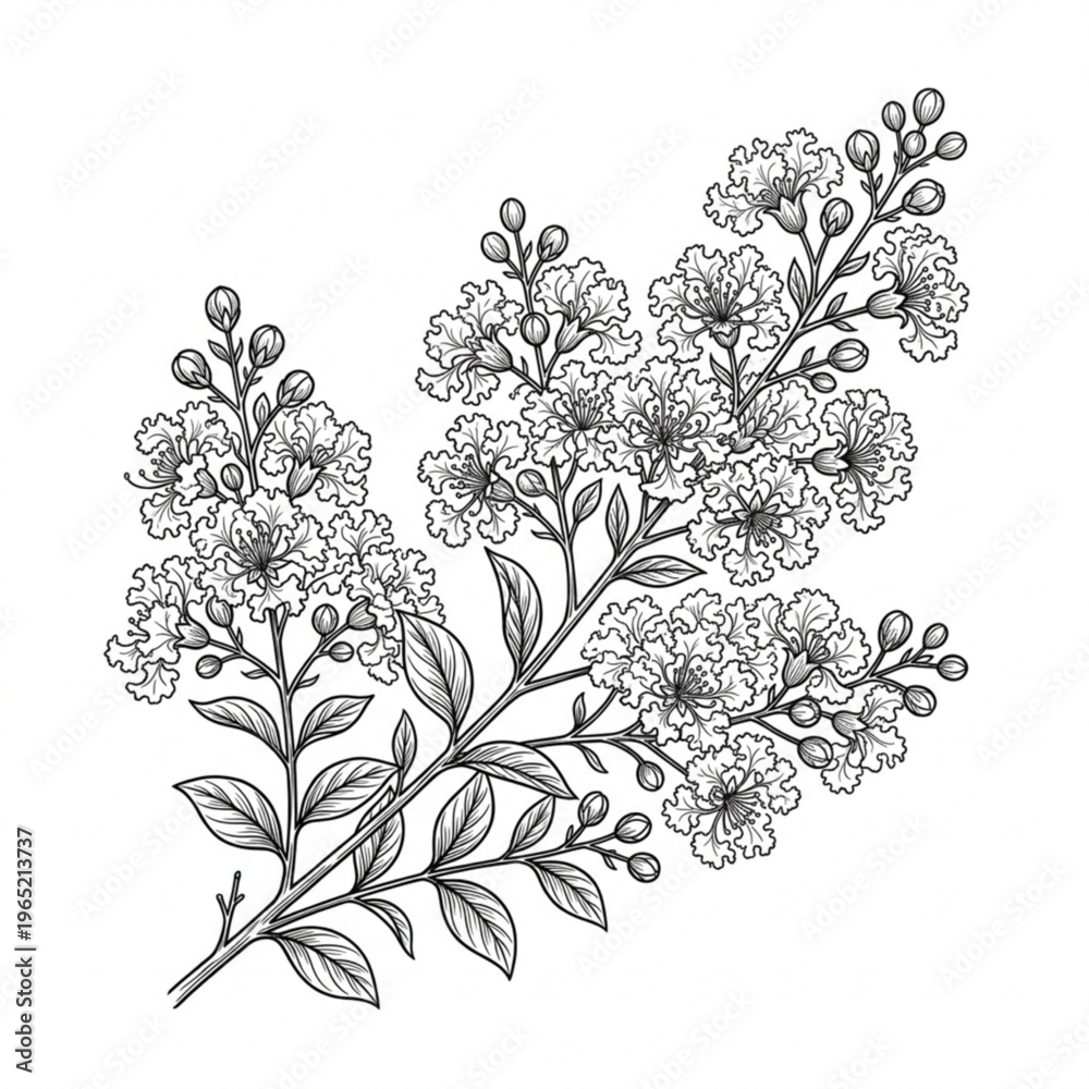 Fototapeta premium Crape Myrtle flower line art isolated in white background