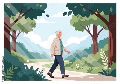 Modern flat vector illustration of elderly enjoying outdoor walk in park, nature therapy and mental wellbeing concept