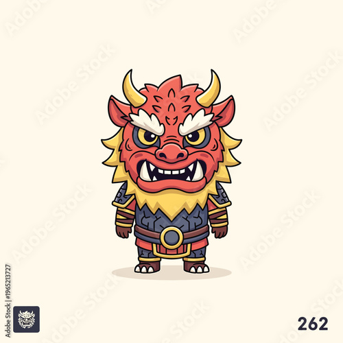 A cartoonish creature with red skin, sharp teeth, and yellow horns. It wears armor and a determined expression