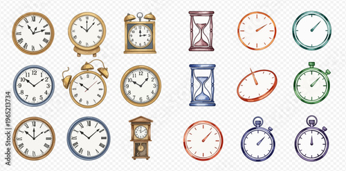 Collection of various timekeeping devices, including vintage clocks, modern watches, hourglasses, and stopwatches, illustrating different ways to measure time.