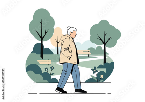 Modern flat vector illustration of elderly enjoying outdoor walk in park, nature therapy and mental wellbeing concept