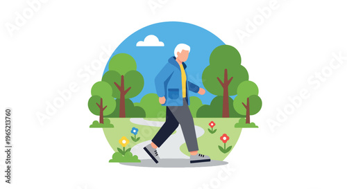 Modern flat vector illustration of elderly enjoying outdoor walk in park, nature therapy and mental wellbeing concept