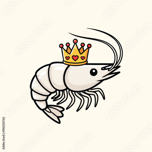 A cartoon shrimp wearing a golden crown with red heart details and red jewels on a cream background. It has large eyes