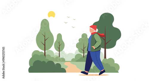 Modern flat vector illustration of elderly enjoying outdoor walk in park, nature therapy and mental wellbeing concept