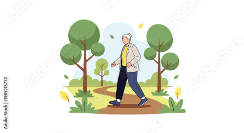 Modern flat vector illustration of elderly enjoying outdoor walk in park, nature therapy and mental wellbeing concept
