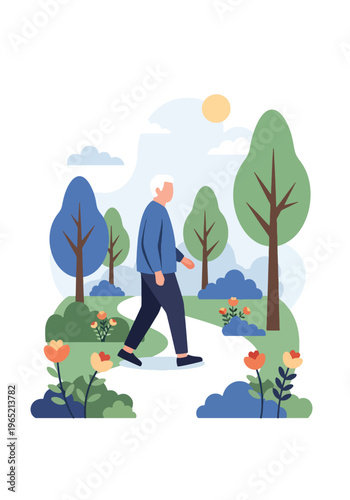 Modern flat vector illustration of elderly enjoying outdoor walk in park, nature therapy and mental wellbeing concept
