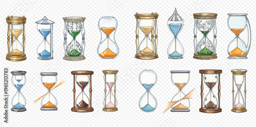 Set of various hourglasses with falling sand and liquid, symbolizing time passing and measurement.