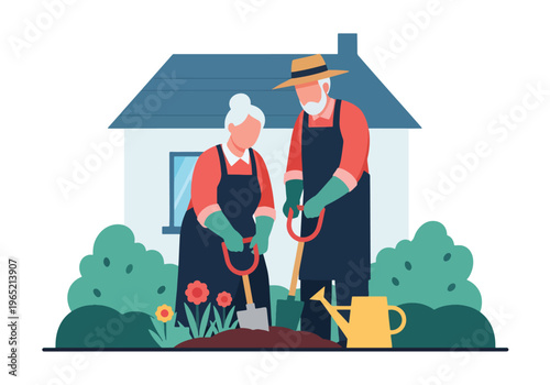 Modern flat vector illustration of elderly couple gardening together, mental wellbeing and healthy lifestyle concept