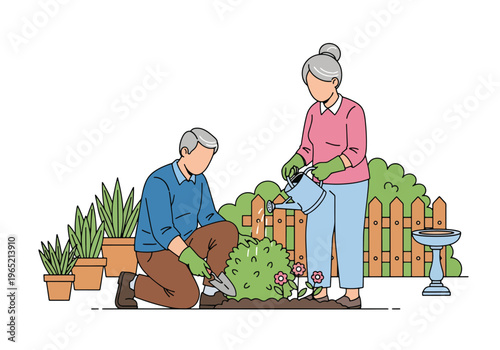 Modern flat vector illustration of elderly couple gardening together, mental wellbeing and healthy lifestyle concept