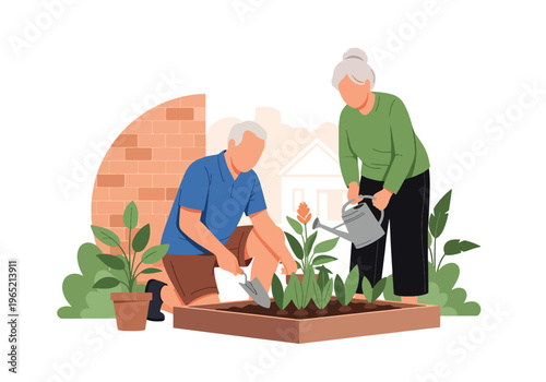 Modern flat vector illustration of elderly couple gardening together, mental wellbeing and healthy lifestyle concept