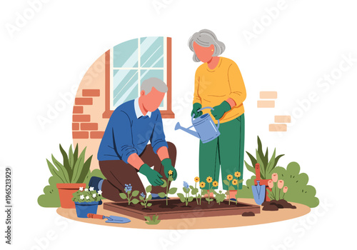 Modern flat vector illustration of elderly couple gardening together, mental wellbeing and healthy lifestyle concept