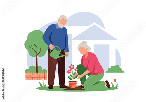 Modern flat vector illustration of elderly couple gardening together, mental wellbeing and healthy lifestyle concept
