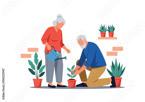 Modern flat vector illustration of elderly couple gardening together, mental wellbeing and healthy lifestyle concept