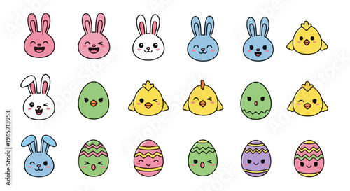 Cute Easter icons, including smiling bunny rabbits, happy chicks, and decorated eggs, perfect for festive spring celebrations and decorations