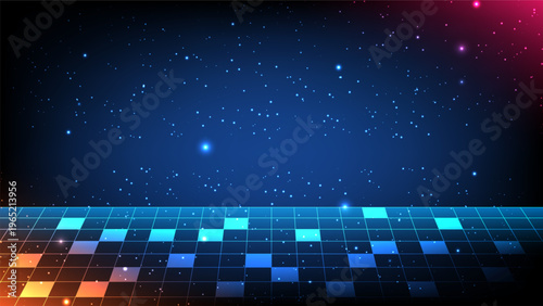 A high tech digital background featuring a glowing blue grid floor, starry cosmos and vibrant neon light effects