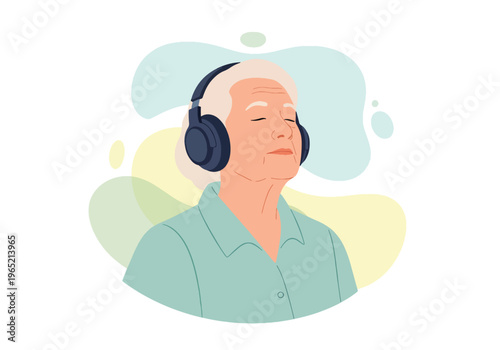 Modern flat vector illustration of elderly listening to music for relaxation therapy and emotional wellbeing