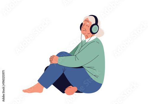 Modern flat vector illustration of elderly listening to music for relaxation therapy and emotional wellbeing