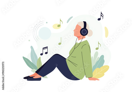 Modern flat vector illustration of elderly listening to music for relaxation therapy and emotional wellbeing