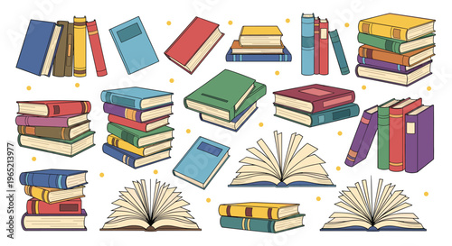 Set of colorful book vector illustrations with open and stacked books isolated on white background for library and education concepts