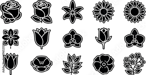 Collection of black and white flower with white outlines rose tulip orchid sunflower