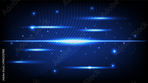 Futuristic digital background featuring blue glowing light streaks, curved lines and sparkling particles