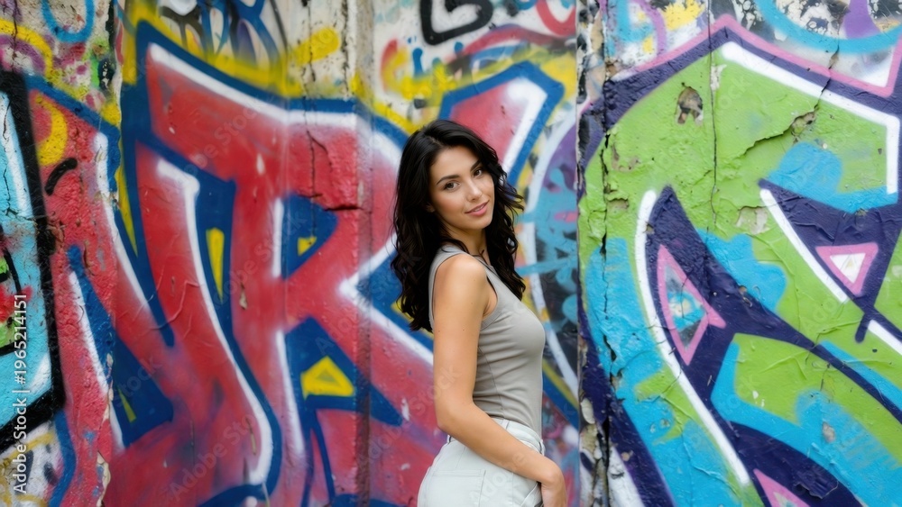 Fototapeta premium Young woman posing by colorful graffiti wall outdoors