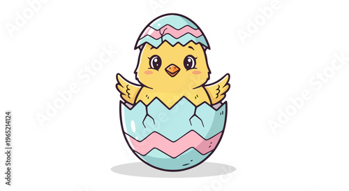 Adorable newborn chick peeking out from its freshly cracked pastel eggshell, celebrating new beginnings and the joy of spring, a cute character illustration for seasonal designs