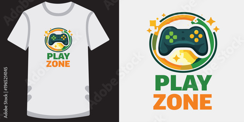 Play zone t shirt design with game controller surrounded by colorful circles and stars.