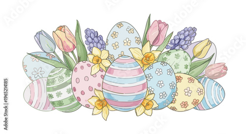 Beautiful Easter egg and flower illustration, celebrating spring, renewal, and festive traditions with vibrant colors and charming floral designs perfect for holiday decorations and cards
