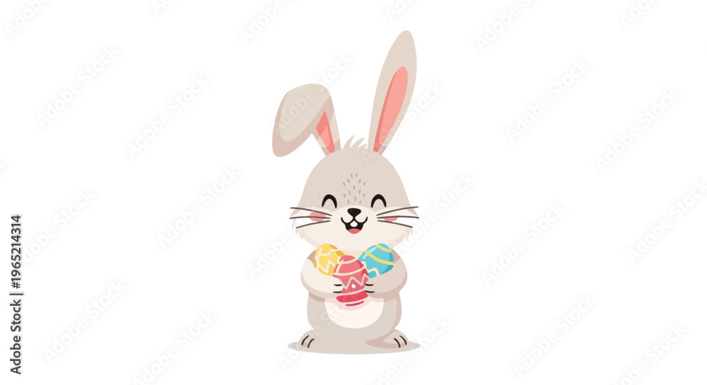 Fototapeta premium Joyful cartoon Easter bunny celebrating the spring season, happily holding a colorful collection of decorated eggs, an adorable illustration for festive designs