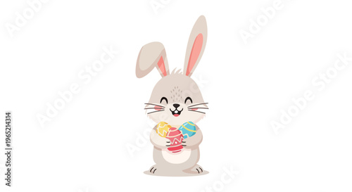 Joyful cartoon Easter bunny celebrating the spring season, happily holding a colorful collection of decorated eggs, an adorable illustration for festive designs