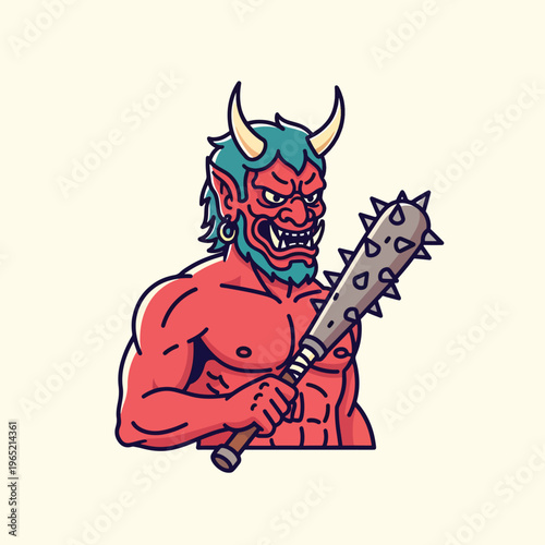 A cartoonish demon with red skin, teal hair, and horns holds a spiked club. His face is fierce and has a beard and earring. The background is cream