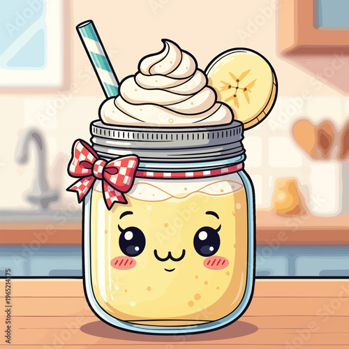 A cartoon-style illustration features a cute smoothie in a mason jar with a whimsical face, whipped cream, a straw, and a banana slice. A bow adorns the jar